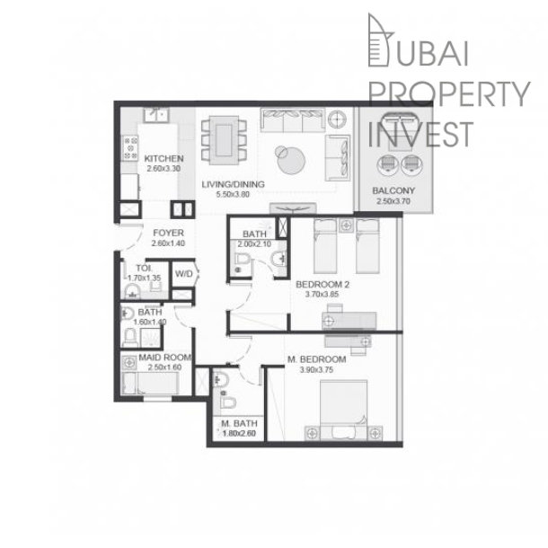 Квартира  в жилом комплексе TRIA, Deyaar Район Dubai Silicon Oasis, 2 комнаты, 116 м2